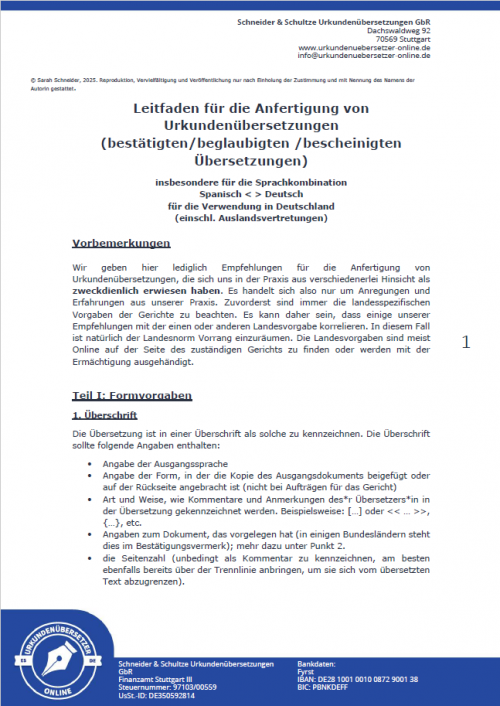 Leitfaden für die Anfertigung von Urkundenübersetzungen - Stand 03/2025