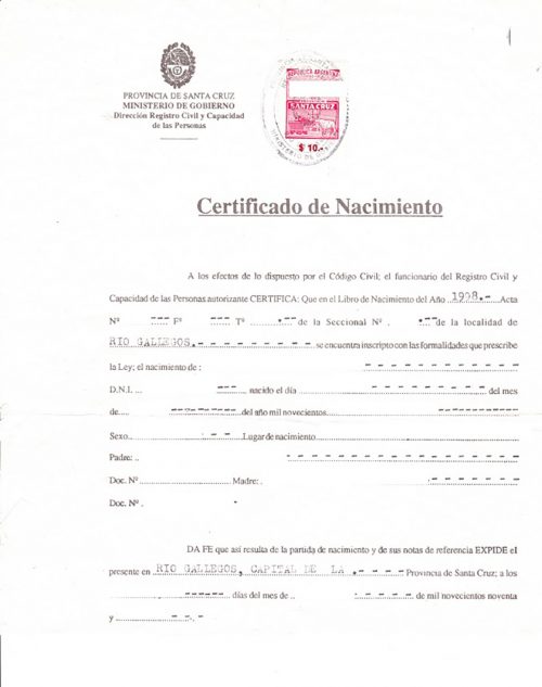 Geburtsurkunde Argentinien Santa Cruz