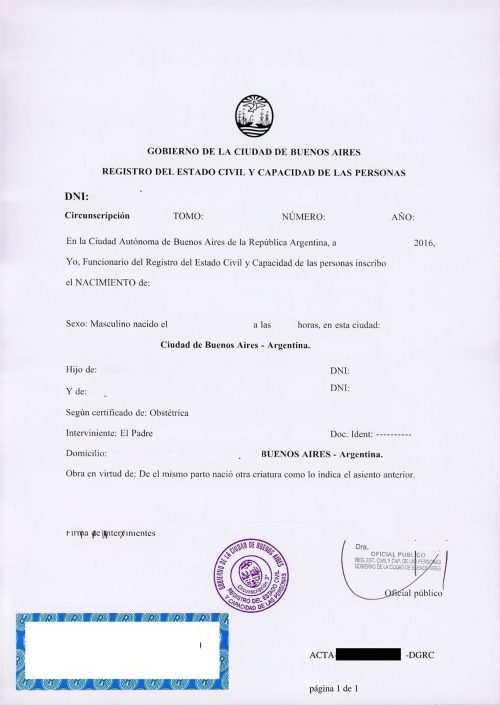 Inscripción de Nacimiento Buenos Aires Registro del estado Civil y Capacidad de las Personas 2016