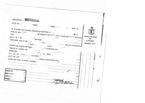 Geburtsurkunde Argentinien Cordoba handschriftliche Eintragungen