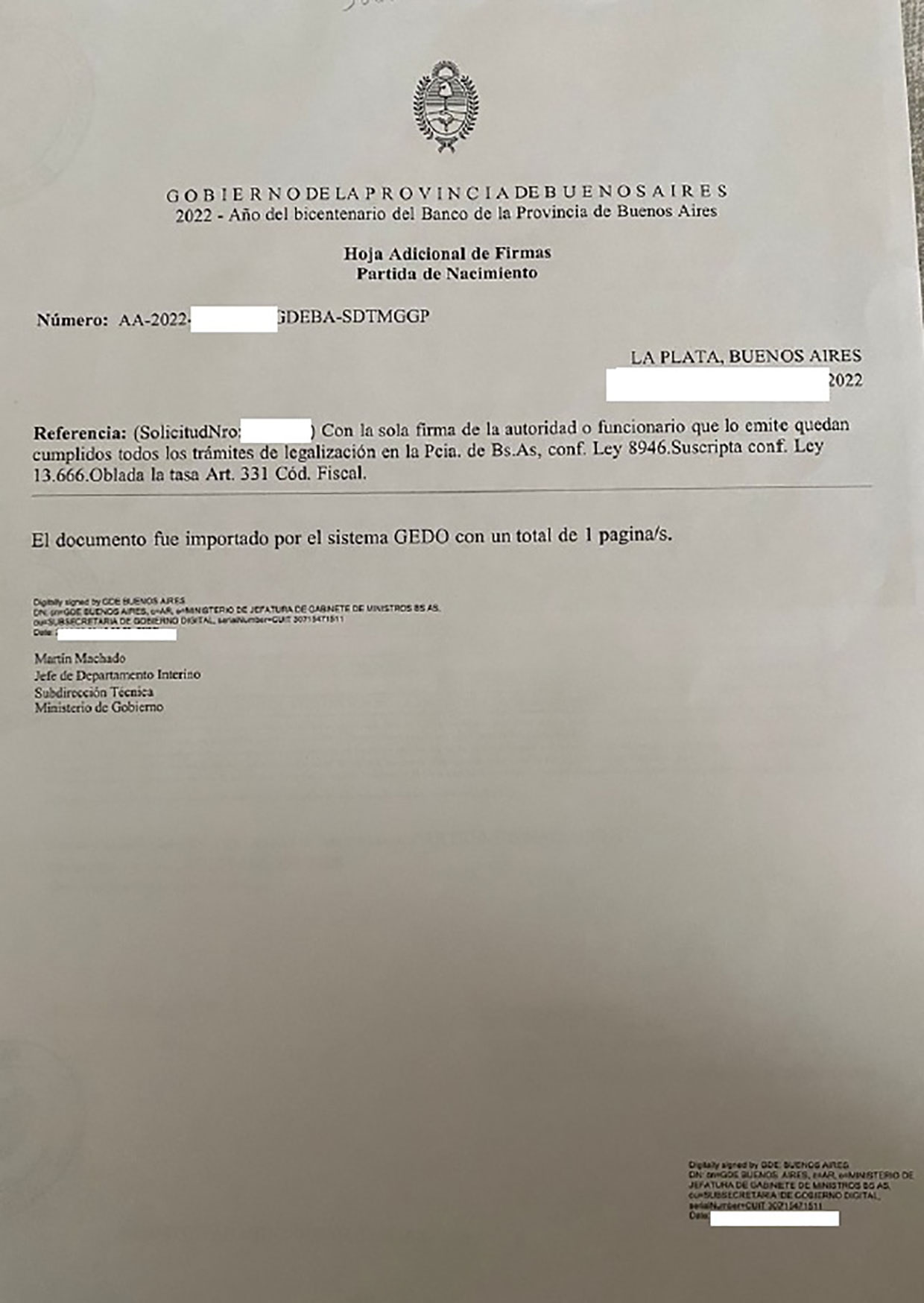 Hoja Adicional de Firmas Argentinien