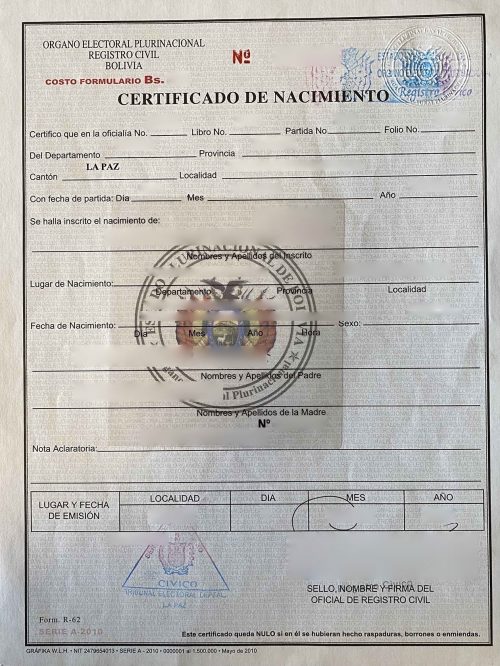 Certificado de Nacimiento Bolivien