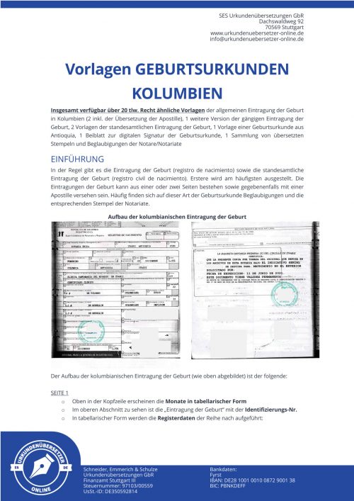 Informationsblatt Geburtsurkunden Kolumbien