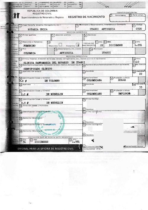 Registro de nacimiento Kolumbien Standardvorlage