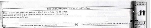 Registro de nacimiento Kolumbien nur zweite Seite Reconocimiento de hijo extramatrimonial