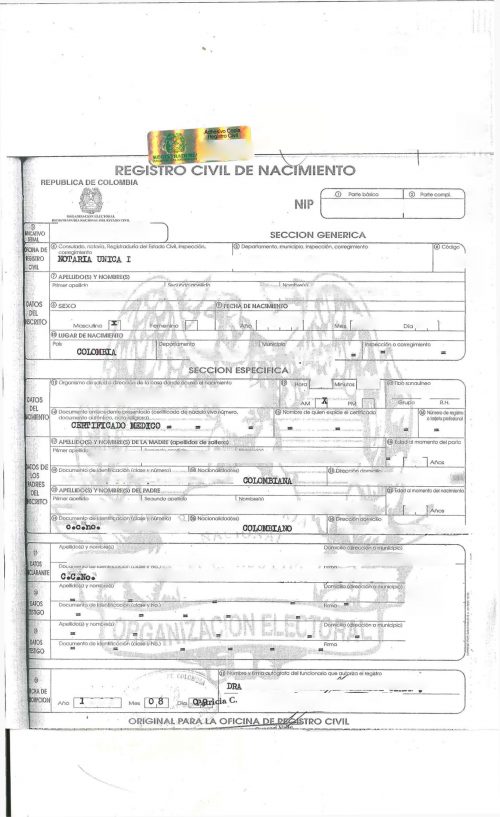 Registro de nacimiento Kolumbien Zahlen 1-34 Original para el Registro Civil am rechten Rand