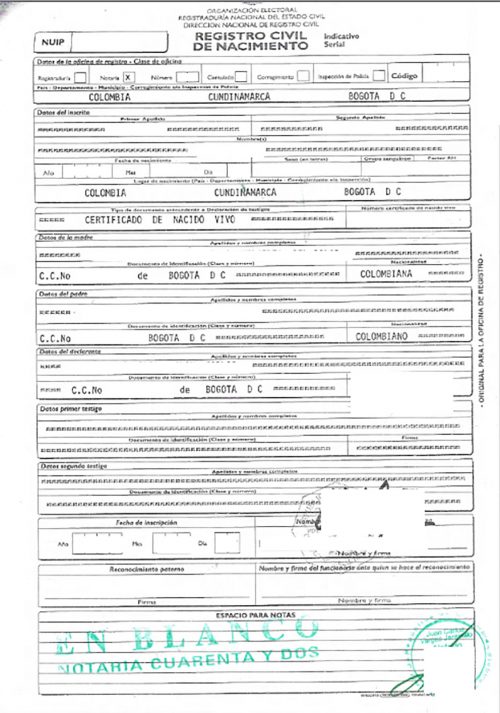 Registro Civil de nacimiento Kolumbien tabellarisch eine Seite