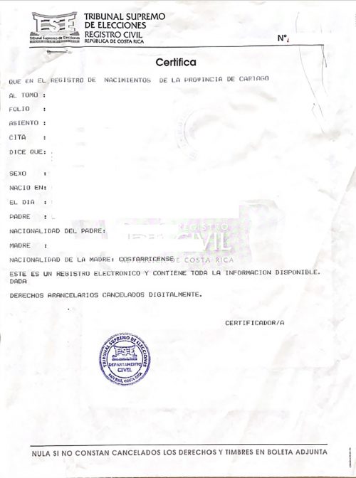 Geburtsurkunde Costa Rica maschinell apostilliert
