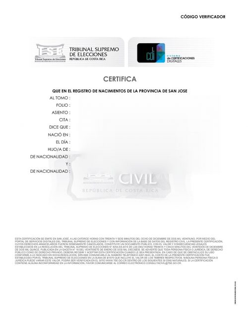 Geburtsurkunde Costa Rica Standard apostilliert