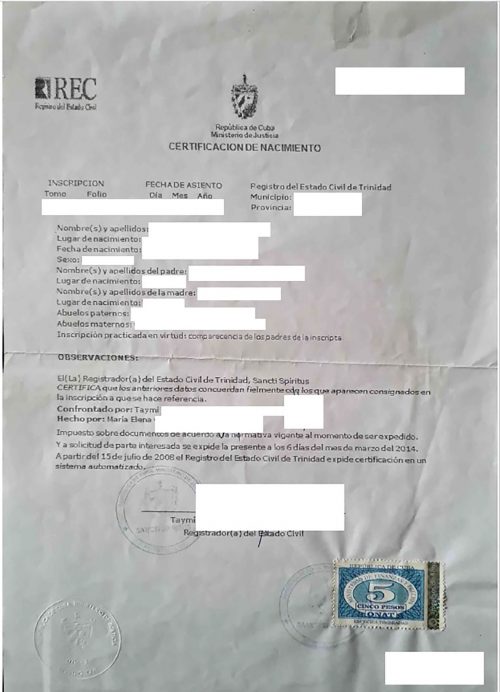 Certificación de nacimiento Cuba REC