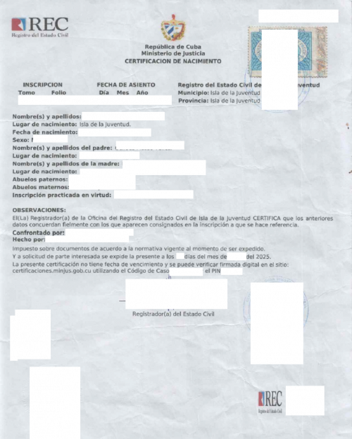 Certificación de Nacimiento Kuba