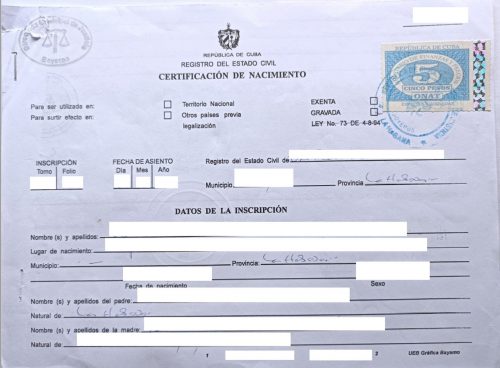 Certificación de Nacimiento Kuba handschriftlich quer 1