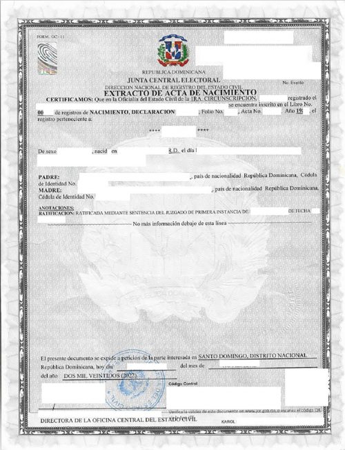 Extracto de acta de nacimiento República Dominicana