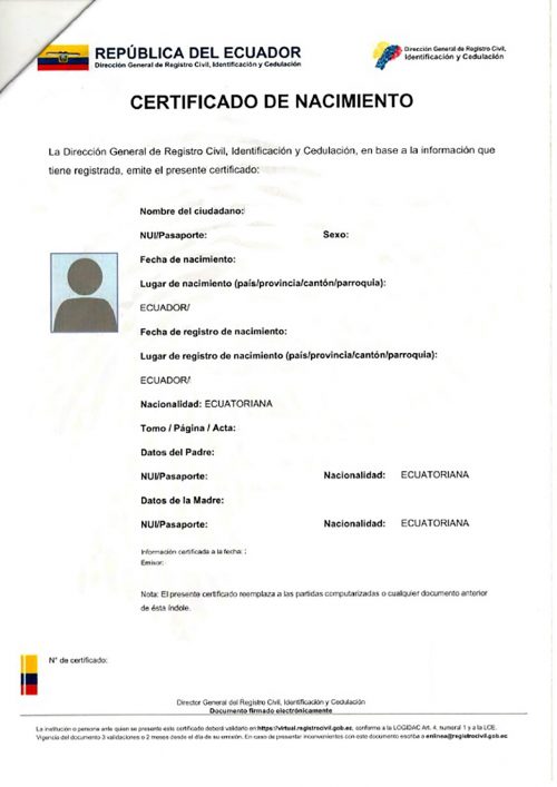 Certificado de nacimiento digital Ecuador