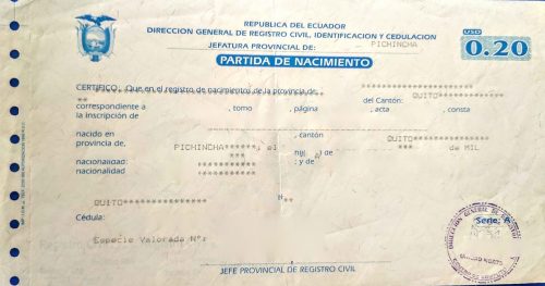 Partida de nacimiento Ecuador nicht digital quer