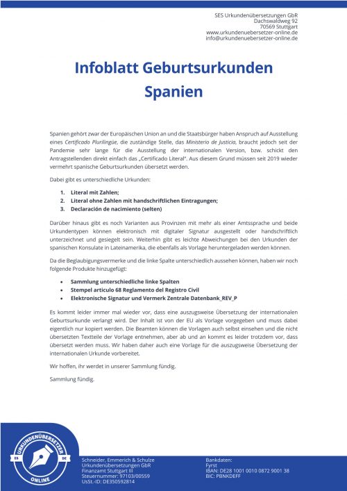 Infoblatt Geburtsurkunden Spanien