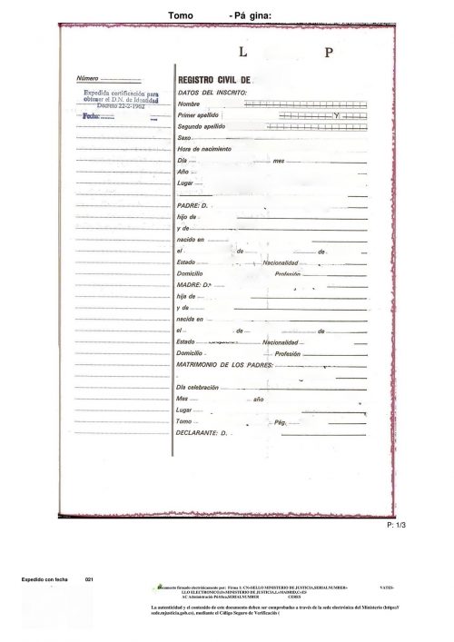 Geburtsurkunde Spanien Literal ohne Zahlen Handschrift digital