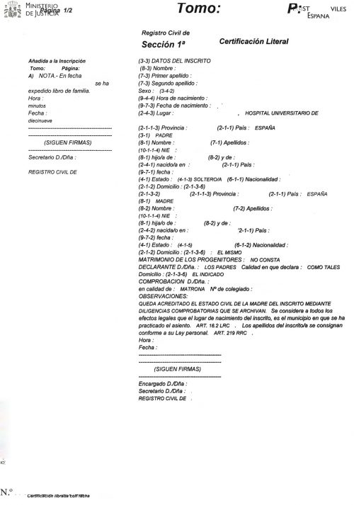Geburtsurkunde Spanien Literal mit Zahlen nicht digital