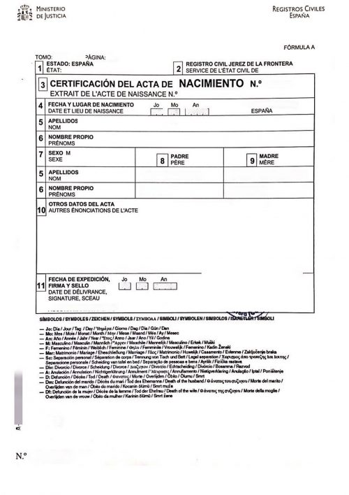 Internationale Geburtsurkunde Spanien Übersetzung Seite 1