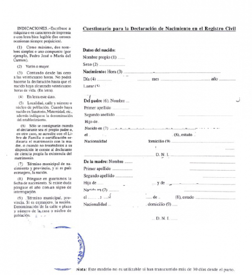 Cuestionario para la Declaración de Nacimiento en el Registro Civil