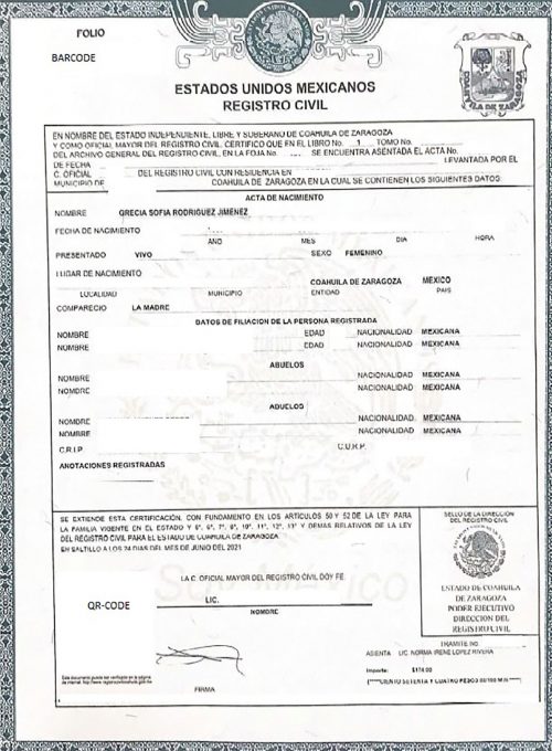 Acta de nacimiento Mexiko Digital Coahuila Saltillo mit Apostille