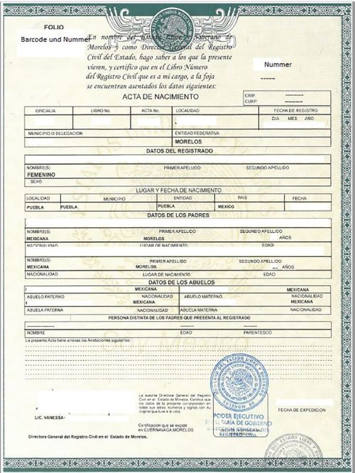 Acta de Nacimiento Mexiko Morelos mit Apostille