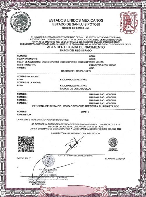 Acta Certificada de Nacimiento Mexiko San Luis de Potosí mit Apostille