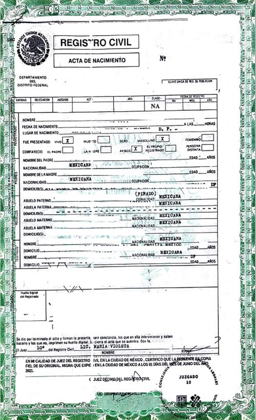 Acta de nacimiento Mexiko tabellarisch DF mit Apostille