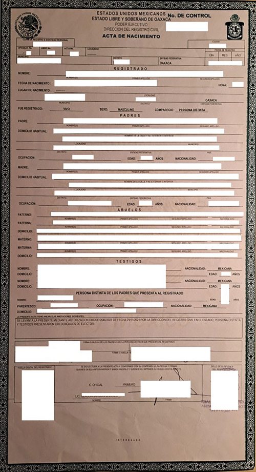 Acta de Nacimiento Mexiko Oaxaca tabellarisch Apostille