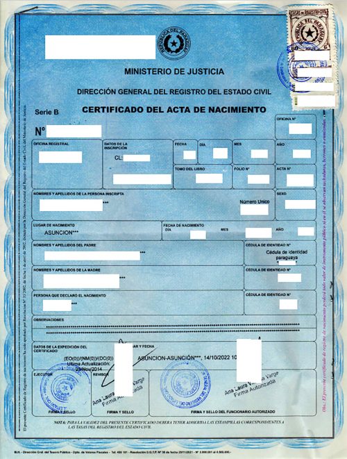 Certificado del Acta de Nacimiento Ministerio de Justicia legalisiert