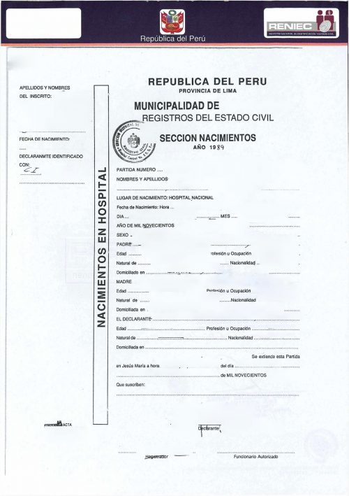 Acta de nacimiento Peru Nacimientos en Hospital
