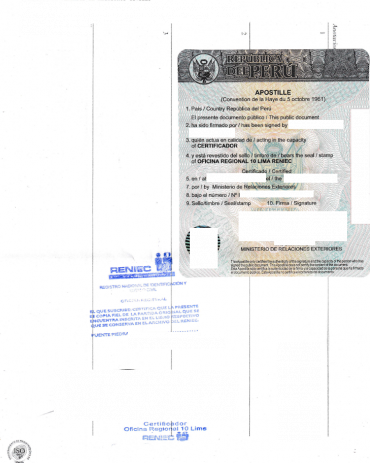 Rückseite & Apostille Geburtsurkunde Peru