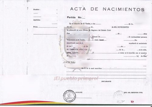 Acta de nacimientos Peru El Tambo quer Zur Verwendung im Ausland