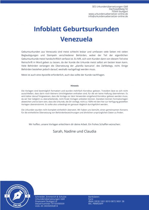 Infoblatt Geburtsurkunden Venezuela