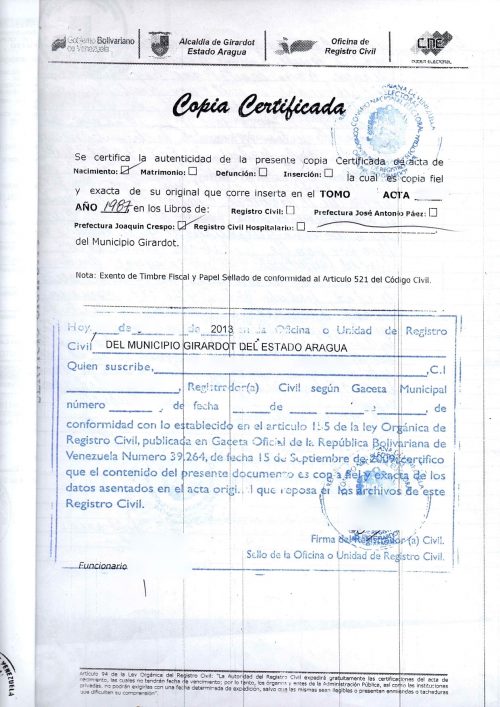 Geburtsurkunde Venezuela Girandot Aragua apostilliert