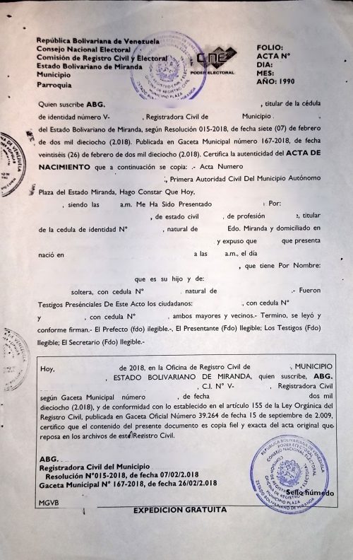 Geburtsurkunde Venezuela Miranda Comisión de Registro Civil y Electoral 1990