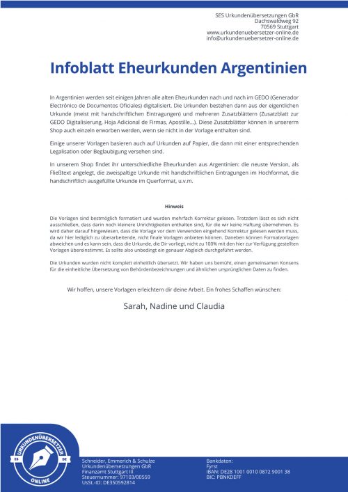 Infoblatt Eheurkunden Argentinien