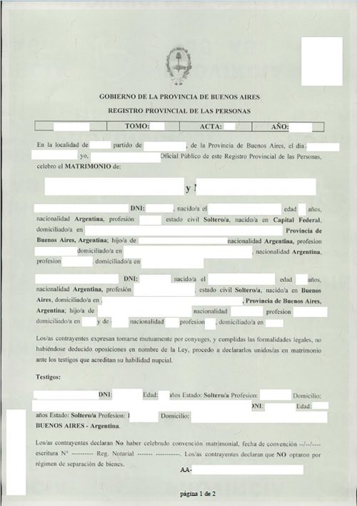 Acta de Matrimonio Gobierno de la Provincia de Buenos Aires Registro Provincial de las Personas