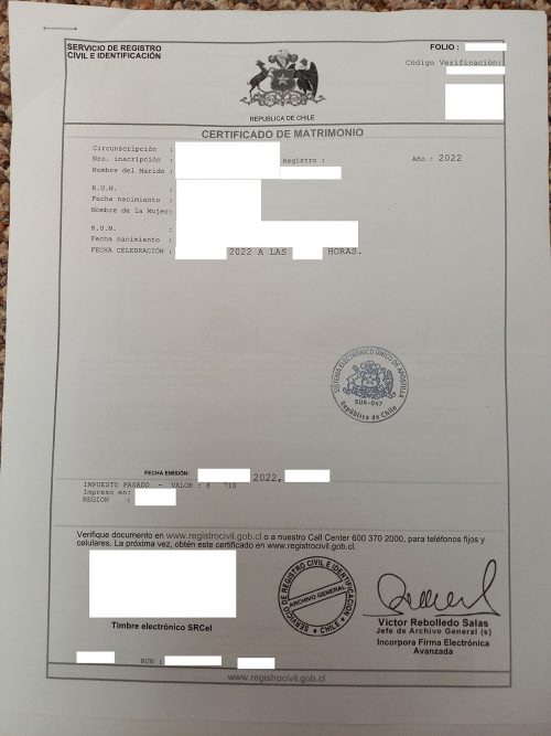 Certificado de Matrimonio Chile gebührenpflichtig apostilliert