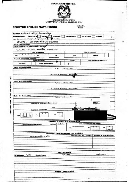 Registro Civil de Matrimonio Kolumbien Zeilen
