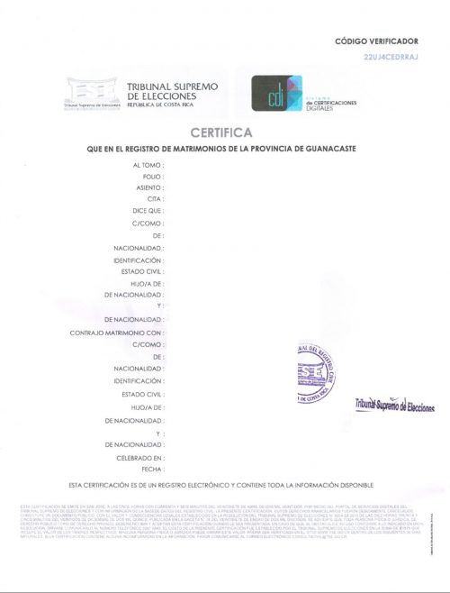Certificado de Matrimonio digital Costa Rica TSE apostilliert