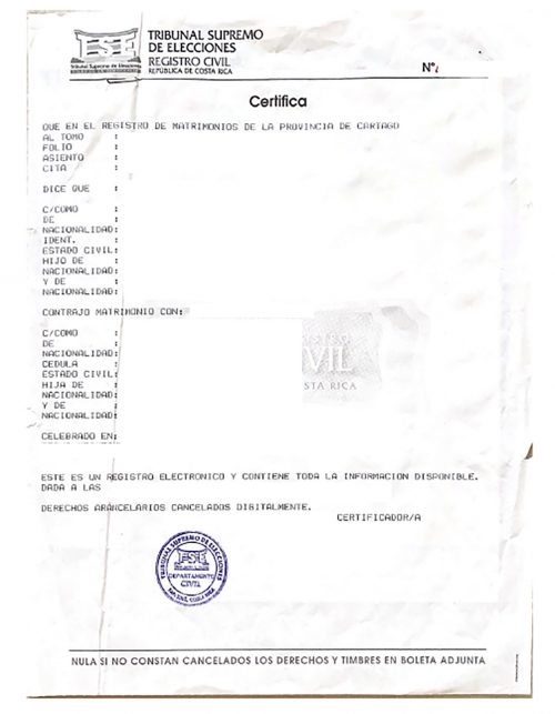 Certificado de Matrimonio NICHT digital Costa Rica TSE apostilliert
