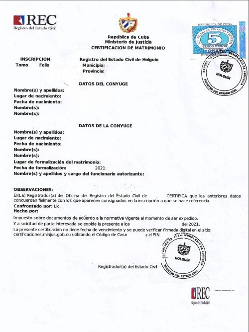 Certificación de matrimonio Kuba REC Ministerio de Justicia elektronisch