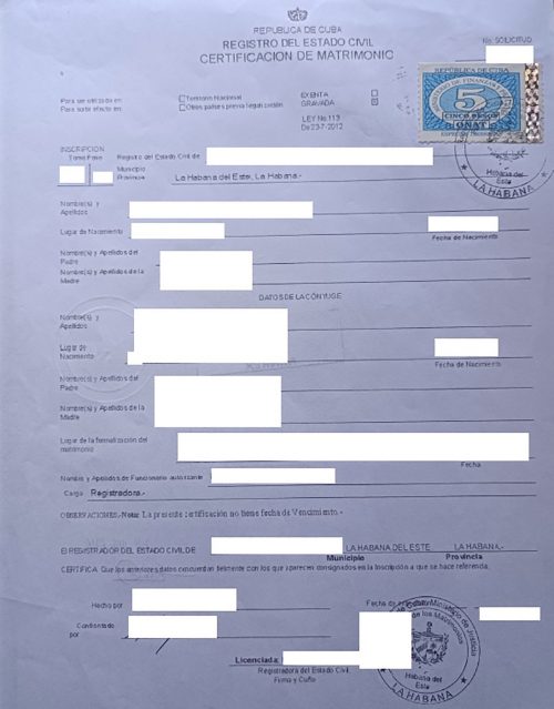 Certificación de matrimonio Cuba Registro del Estado Civil Ministerio de Justicia