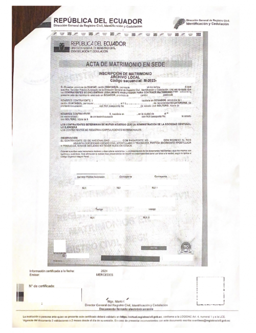 Acta de Matrimonio en Sede Ecuador mit Legalisation und Apostille