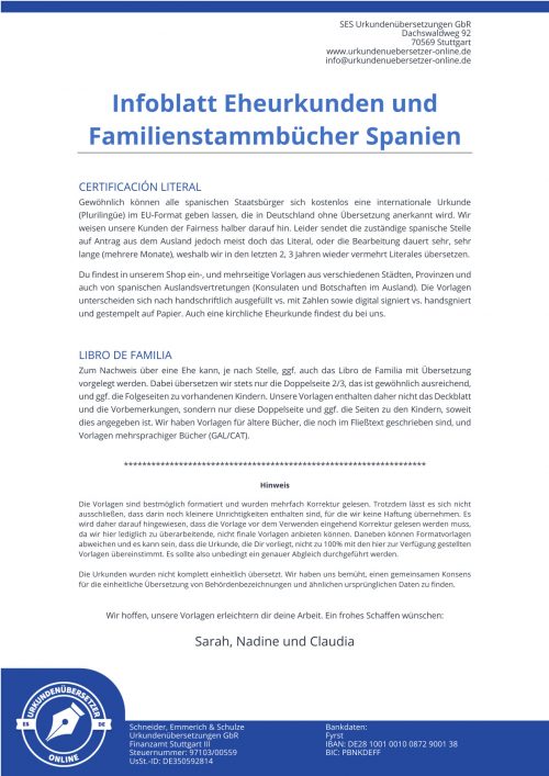 Infoblatt Eheurkunden und Familienstammbücher Spanien