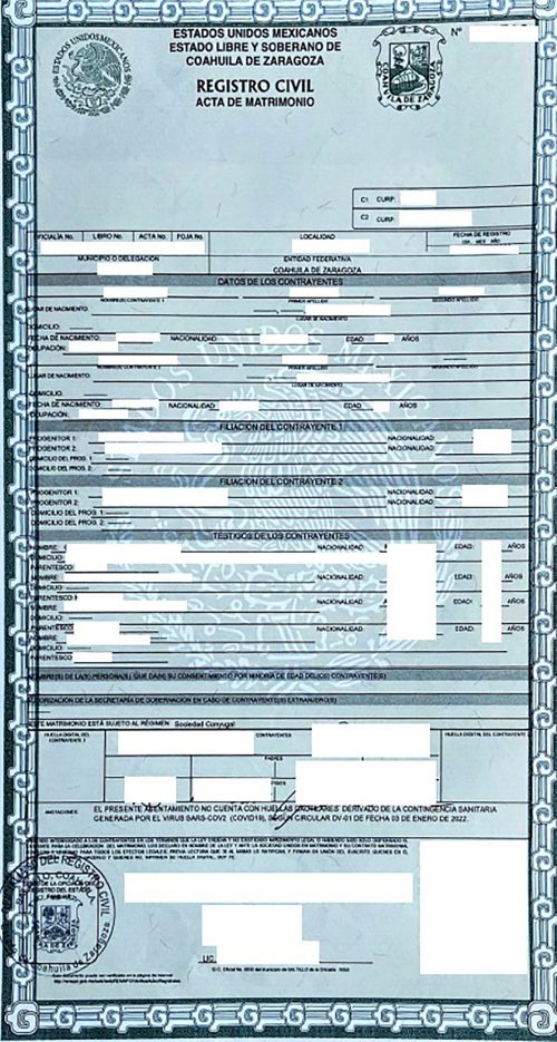 Acta de Matrimonio Mexiko tabellarisch Coahuila de Zaragoza 2022 apostilliert