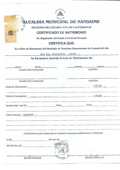 Certificado de Matrimonio Nicaragua apostilliert