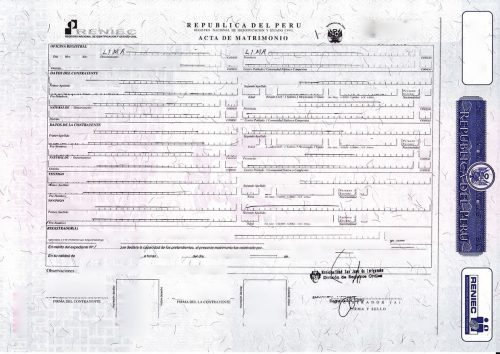 Acta de matrimonio Peru Querformat Tabelle handschriftlich