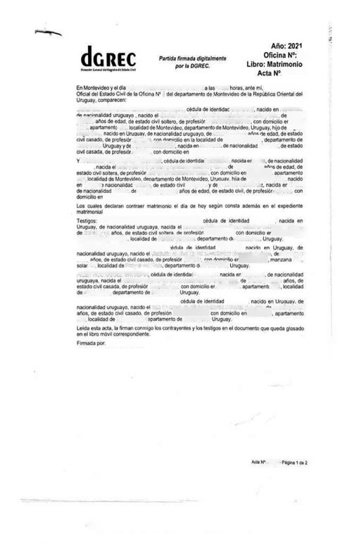 Partida de Matrimonio Uruguay 2021 DGREC